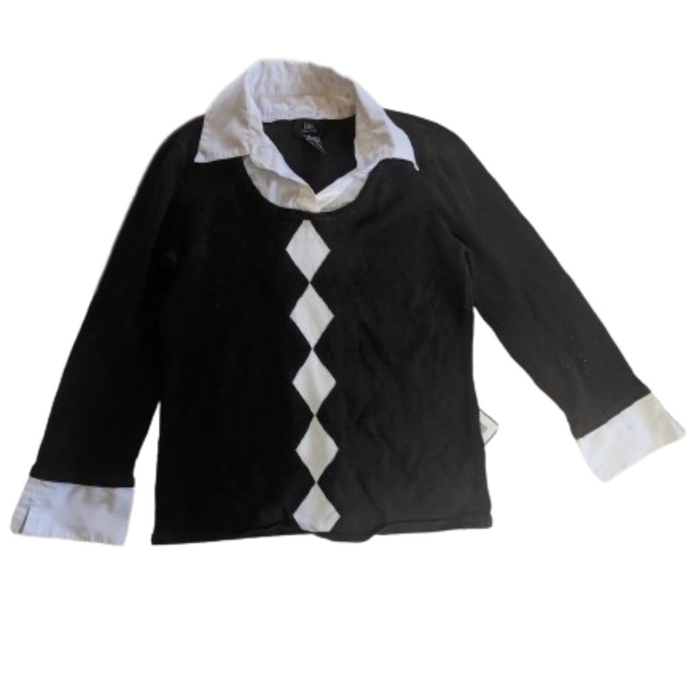 Black  & White Layered Look Argyle Sweater Size Medium  ---